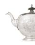 An Unusual American Silver Teapot Engraved with Hunters in a Landscape, Jacob Hurd, Boston, circa 1750 that more than doubled its pre-sale high estimate to sell for $278,500.