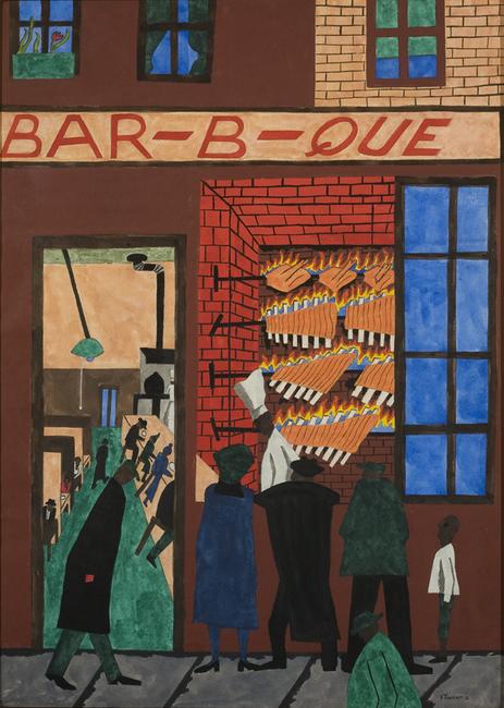 Jacob Lawrence, Bar-b-que, 1942.  Gouache on paper, 29 1/2 x 21 1/8 inches (sight); 30 7/8 x 22 1/2 inches (paper).  Terra Foundation for American Art, Daniel J.  Terra Art Acquisition Fund, 2013.1.  © 2013 The Jacob and Gwendolyn Lawrence Foundation, Seattle / Artists Rights Society (ARS), New York.  Image courtesy of DC Moore Gallery, New York.