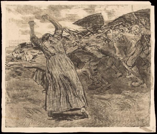 Käthe Kollwitz (German, 1867–1945), Charge, between 1902 and 1903, sheet 5 of Peasants’ War.  Etching, drypoint, aquatint, lift ground, and soft ground with the imprint of two fabrics and Ziegler’s transfer paper, printed in black ink on copperplate paper, and reworked with white pigment and black wash, state III of XIII.  Getty Research Institute, Los Angeles (2016.PR.34) Partial Gift of Dr.  Richard A.  Simms.  © 2019 Artists Rights Society (ARS) New York