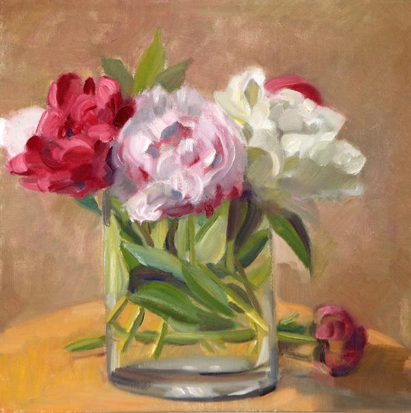 Patricia C.  Kitchings Garden Peonies signed oil on canvas 12" x 12"