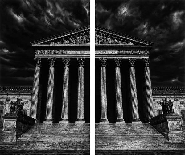 Robert Longo, Untitled (The Supreme Court Of the United States (Split)), 2018.  Charcoal on mounted paper, 120 x 140 inches.  Courtesy of the artist; Metro Pictures, New York; Jeffrey Deitch, Los Angeles; and Pace Gallery.