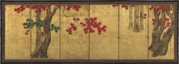 Tawaraya Sōri, Autumn Maple Trees, Japanese, Edo period, second half 18th century.  Six-panel folding screen; ink, color, and gold on paper.  Harvard Art Museums/Arthur M.  Sackler Museum, Promised gift of Robert S.  and Betsy G.  Feinberg, TL42147.39.