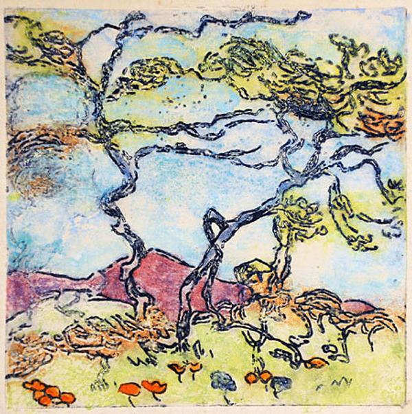 Nell Brooker Mayhew, Song of the Sycamores, circa 1910, etched monotype, 8 x 8 inches