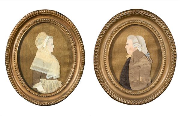 Attributed to Mary Way, Dressed Miniature Portraits of a husband and wife of the Deshon family, ca.  1800, mixed media with fabrics and painted paper.  Gift of Ursula & Gertrude Grosvenor, 1949.122 a & b.