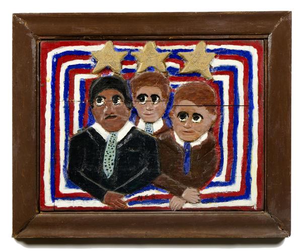 At The Barnes Foundation is "Elijah Pierce's America." Elijah Pierce (American, 1892–1984) Martin Luther King Jr.  and the Kennedy Brothers 1977 Paint and glitter on carved wood 21 1/4 × 26 1/4 × 1 1/2 in.  (54 × 66.7 × 3.8 cm) Columbus Museum of Art, Ohio.