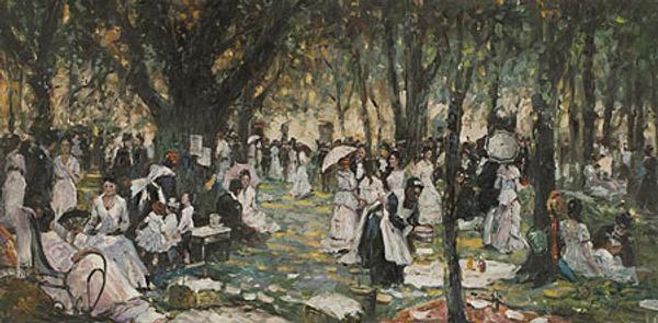 Thomas Mora Picnic, Wrentham, MA c.  1900 Oil on board | 12 x 25 inches