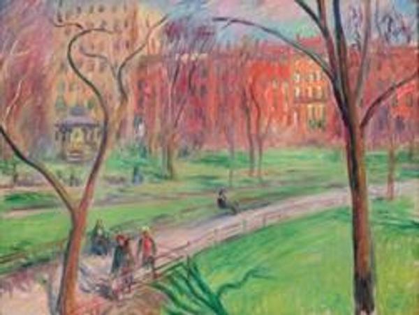 William James Glackens, Early Spring, Washington Square, ca.  1910.  Oil on canvas; 18 x 24 in.  (45.7 x 61 cm).  New-York Historical Society, Gift of Elie and Sarah Hirschfeld, 2021.1.2