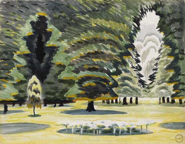 Charles Burchfield Sunlight in Park, 1917.  Watercolor, gouache, charcoal on paper, mounted to board.  17 x 22 inches.