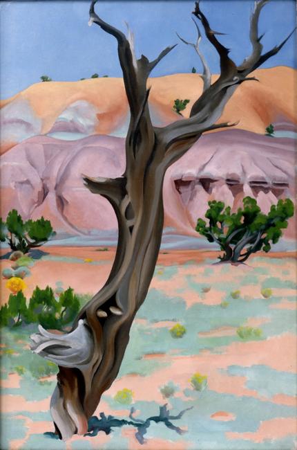 Georgia O’Keeffe, Cedar Tree with Lavender Hills, 1937, Promised Gift of Barbara B.  Millhouse.  © 2021 Georgia O’Keeffe Museum / Artists Rights Society (ARS), New York