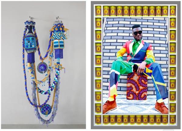 R: Joana Vasconcelos, Blue Rose, 2016.  Installation.  246 x 95 x 47 cm.  Courtesy of La Patinoire Royale–Galerie Valérie Bach.  L: Hassan Hajjaj, Afrikan Boy Sittin’, 2013.  Photography.  136 x 94 x 6 cm.  Courtesy of 193 Gallery.  