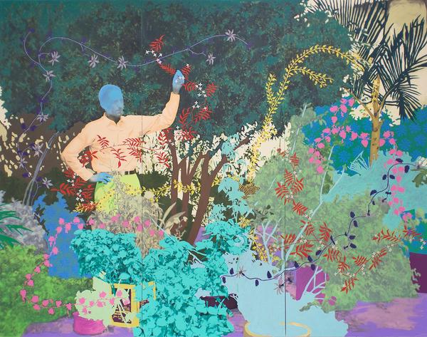 Art Aspen 2018 | Daisy Patton, Untitled (The Gardener), 2018.  Oil and mixed media on panel.  80 x 102 x 2 inches.  Courtesy of K Contemporary.