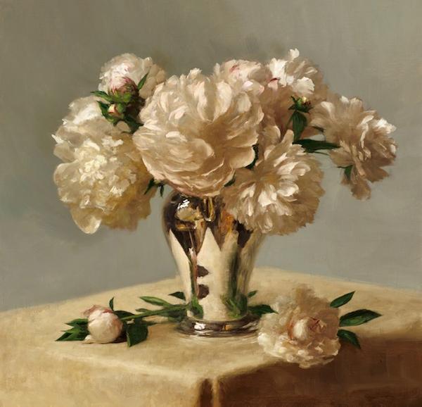 Sarah Lamb, "Peonies in Silver," Oil on linen, 23 x 24 in