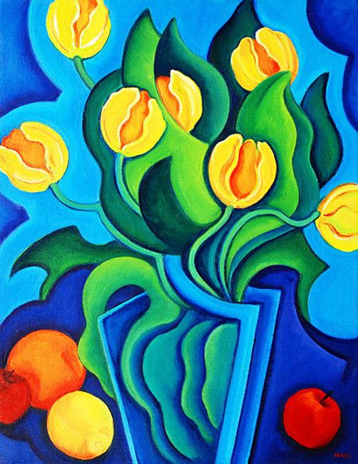 Angela Perko, Yellow Tulips in a Blue Vase, 2010, oil on canvas, 18 x 14 inches