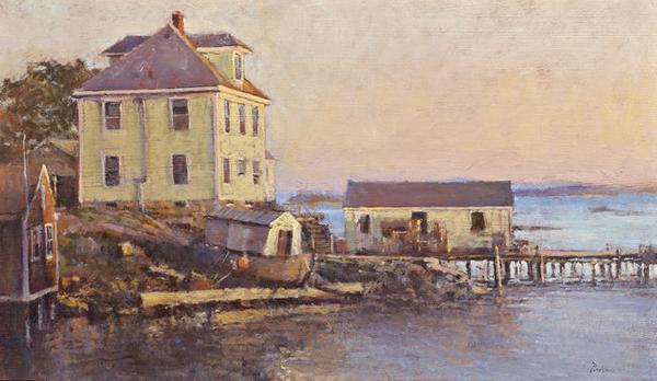 Peter Poskas (b.  1939), "Lobsterman's House, Stonington (Maine)," 2011, oil on panel, 8 x 13-3/4 inches 