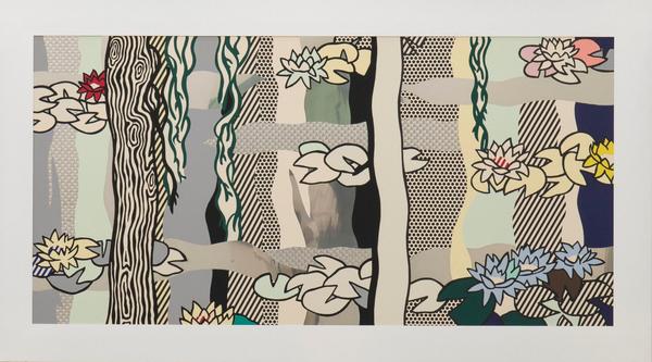 Roy Lichtenstein, Water Lilies with Willows, 1992.  Screen print enamel on stainless steel, 58 x 104 in.  Collection Pérez Art Museum Miami, gift from the Collection of Mary M.  and Sash A.  Spencer.  © Estate of Roy Lichtenstein