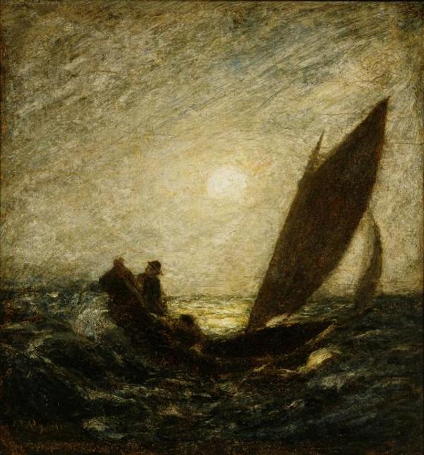 Albert Pinkham Ryder.  With Sloping Mast and Dipping Prow, ca.  1880-1885.  Oil on canvas mounted on fiberboard.  Smithsonian American Art Museum, Gift of John Gellatly, 1929.6.102.