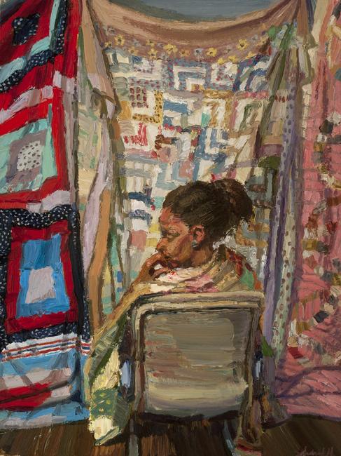 Sedrick Huckaby, She Wore Her Family’s Quilt, 2015, oil on canvas.  Photograph by Gregory Staley.