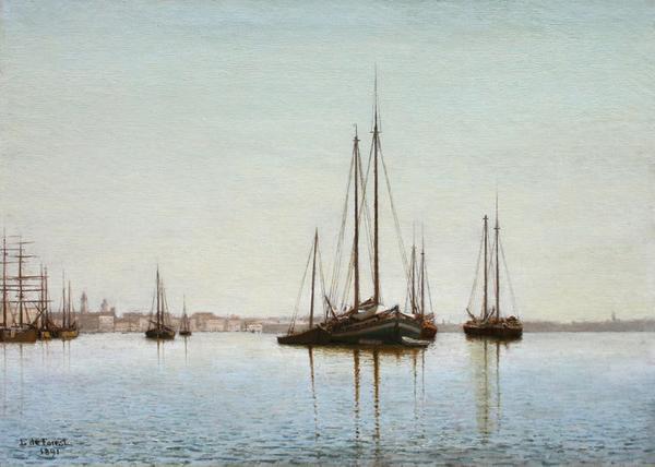 Lockwood de Forest (1850 - 1932) Seascape with Boats.  signed.  L de Forest, and dated 1891, lower left.  Oil on canvas, 17" x 24".  Courtesy of The Cooley Gallery.