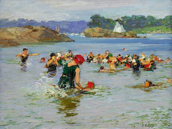 Edward H.  Potthast (1857 – 1927) The Swimming Lesson, circa 1915 .  Oil on panel, 12 x 16 inches.  Courtesy of Gerold Wunderlich & Co