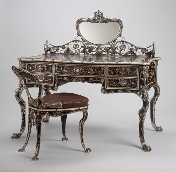 Martelé Writing Table and Chair, 1903, Gorham Manufacturing Company (est.  1831), United States, ebony, mahogany, boxwood, redwood, thuya wood, ivory, mother-of-pearl, silver, mirrored glass, and gilded tooled leather, Gift of Mr.  and Mrs.  Frederick B.  Thurber, RISD Museum, Providence, RI