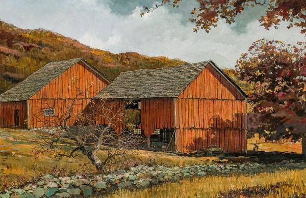 Lot 17 – Eric Sloane (American, 1905-1985), The Red Barn, oil on Masonite, signed, 23 1/4 x 35 1/2 inches, estimate: $10,000-$15,000.