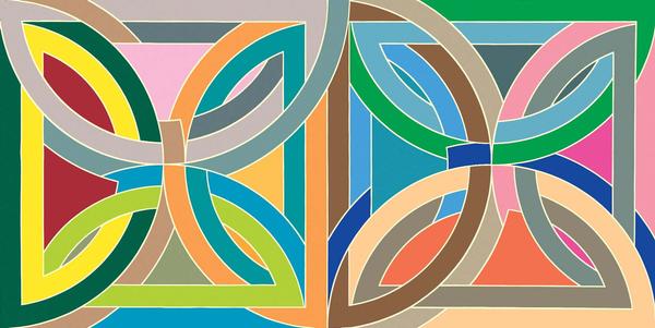 Frank Stella, Takht-i-Sulayman Variation I (from the Protractor Series), 1969.  Acrylic and fluorescent acrylic on canvas, 120 x 240 inches.  Gift of Rose M.  Shuey, from the Collection of Dr.  John and Rose M.  Shuey CAM 2002.42.  © 2020 Frank Stella / Artists Rights Society (ARS), New York, New York.  Photography by R.  H.  Hensleigh.