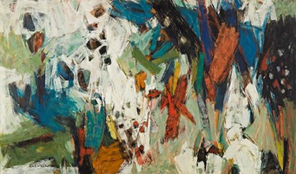 Lot 44: Hale Woodruff, Carnival, oil on canvas, circa 1958.  Sold for $665,000, a record for an abstract work by Woodruff.  