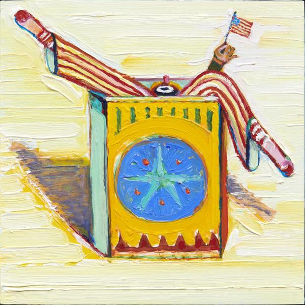 Wayne Thiebaud's oil-on-board painting “Boxed Clown (with Flag)” from 2017, in "Wayne Thiebaud: Clowns."