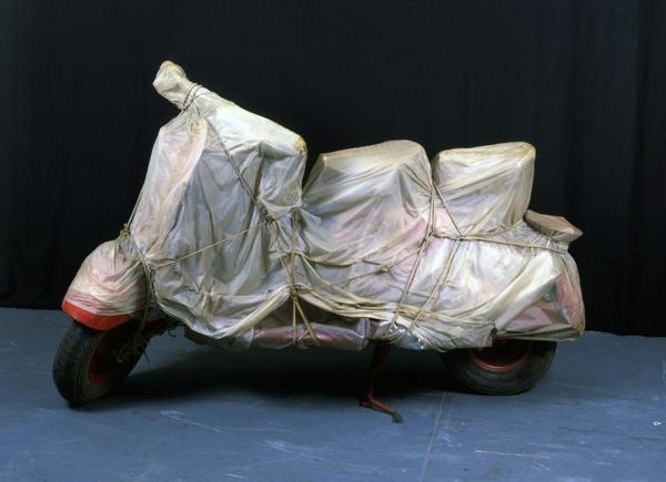 Christo, Wrapped Vespa (1963-1964).  Photo by Wolfgang Volz.