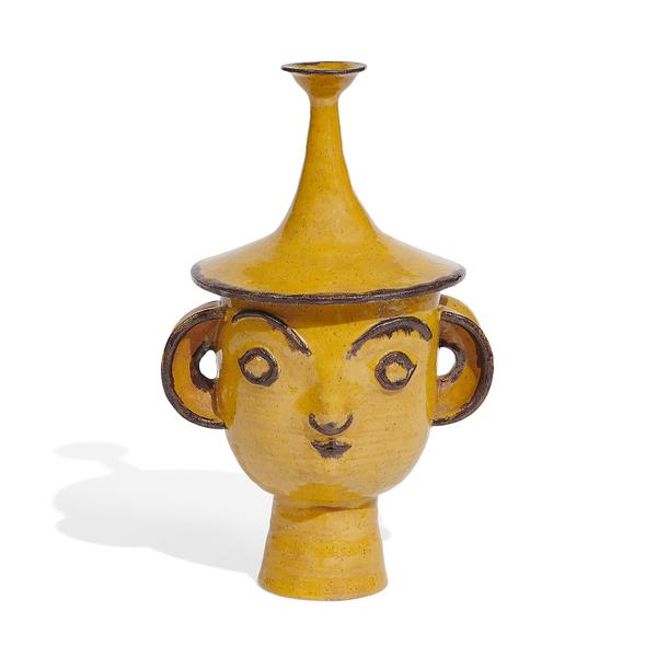 LOT 157: Viktor Schreckengost, while at Kunstgewerbeschule, Vienna, Austria.  Mr.  Cup Head: earthenware lidded vessel with faces on two sides and loop handles for ears.  Estimate $7,000-9,000 