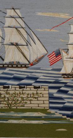 Rare American Sailor's Woolwork of a Fleet of American Frigates sailing Past an American Fort, Circa 1870.