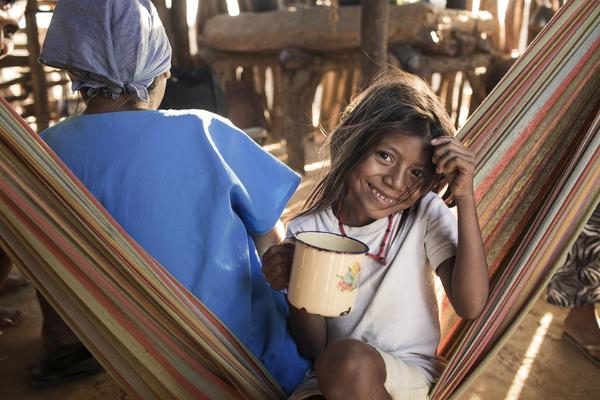 Areleonis Ipuana, 7, drinks clean water at her house in Kasichi, Maicao, La Guajira, Colombia.  March 2017.  Credit: WaterAid/ Jordi Ruiz Cirera