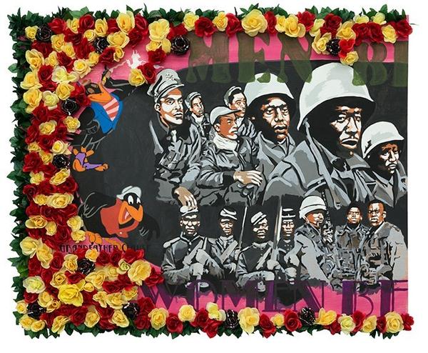 Thaxton Waters II.  Women Bear Armies but Still .  .  .  (detail), 2019.  Acrylic on wood, with artificial flowers; diptych: 48 x 120 in.  overall.  Courtesy of the artist.  © Thaxton Waters II.  Photo: John Schweikert 