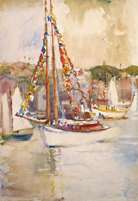 Annie Gooding Sykes (1855-1931), "Sailboat with Semaphore Flags," ca.  1905, watercolor on paper, 21 x 15 inches