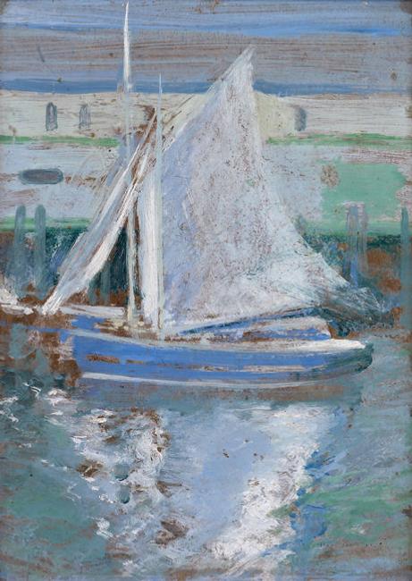 John Henry Twachtman (1853-1902), "Gloucester Sailboat," ca.  1900, oil on panel, 12-7/8 x 9-3/8 inches 