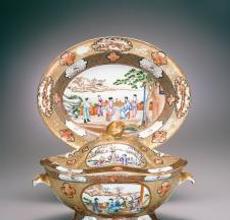 Scenes of Chinese figures in outdoor settings decorate this tureen and stand.  Gift of Leo A.  and Doris C.  Hodroff 2003.47.18a-c