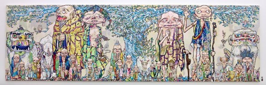 Takashi Murakami, 69 Arhats Beneath the Bodhi Tree, 2013. Acrylic, gold and platinum leaf on canvas mounted on board. Ten panels; 118 1/8 x 39 3/8 inches each (300 x 100 centimeters). 118 1/8 x 393 11/16 inches overall (300 x 1000 centimeters). Courtesy of the artist and Blum & Poe. ©2013 Takashi Murakami/Kaikai Kiki Co., Ltd. All Rights Reserved.