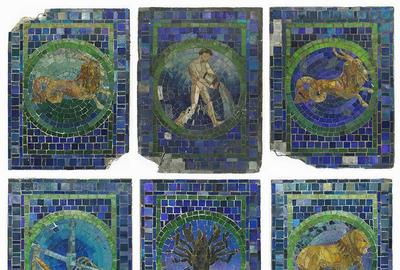 Collection of six Tiffany Studios glass zodiac panels from the Marshall Field & Company Men’s Grill, depicting Aquarius, Libra, Leo, Cancer and two Capricorns (est.  $100,000-$120,000).