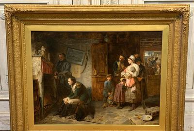 Museum-quality oil on canvas painting by the British Royal Academy artist Marcus Stone (1840-1921), cleaned and restored and in a 50 inch by 40 ¾ inch frame (est.  $45,000-$55,000).