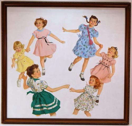 Vibrant, colorful American illustration painting of children at play, rendered around 1950 by an unknown artist, but almost certainly done by a master of the time (est. $2,000-$3,000).
Bruneau & Co. Auctioneers