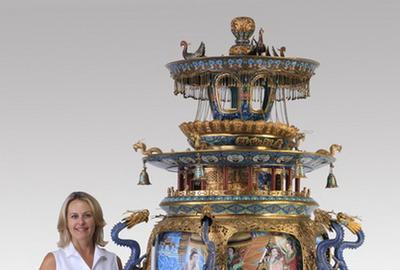 This finely detailed and palace-size Chinese enamel cloisonne and gilt metal censor, 96 inches tall, will be sold by Great Gatsby's, Aug.  29-30 in Atlanta, Georgia.