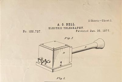 Alexander Graham Bell’s Second Bell Telephone Patent: Improvements in Electric Telephony, US Patent No.  186,787 issued on January 15, 1877, with illustrations and diagrams.  One of Bell’s two fundamental patents for the telephone.  Estimate $1,000-$2,000