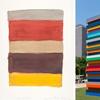 Sean Scully, Landline 5.20.15, 2015, Watercolor on paper.  Private collection.  © Sean Scully.  Photographed by Frank Hutter.  Center: Sean Scully, 30 (installation), 2018, Aluminum and automotive paint.  © Sean Scully.  Courtesy of the artist.  Right: Sean Scully, Landline Orient, 2017, Oil on aluminum.  Private collection.  © Sean Scully.  Photographed by Robert Bean.