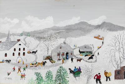 Grandma Moses (nee Anna Mary Robertson, American, 1860-1961), ‘Deep Snow,’ 1957, oil on Masonite, 22¾ x 30 5/8in (framed), artist-signed at lower left.  Titled and dated on original artist’s label on verso.  Direct line of provenance back to the artist.  Copyright Grandma Moses Properties Co., New York.  Estimate $60,000-$80,000