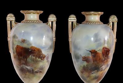 Pair of Royal Worcester hand-painted porcelain vases, signed John Stinton.