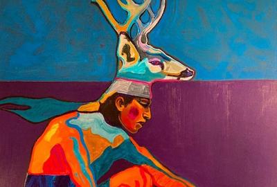 Many of John Nieto’s (Tex., N.M., 1936-2018) works feature Native Americans from the Southwest, including this 20 inch by 24 inch electric acrylic on canvas, Deer Dancer ($10,455).  