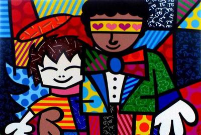 Original acrylic on canvas self-portrait by Romero Britto (Brazilian, b.  1963), titled Brandon & I and depicting the artist and his son, Brandon (est.  $20,000-$25,000).