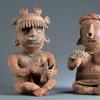 Two Nayarit (Mexico) seated musician figures with instruments, reddish ceramic with pigments and manganese, 200 BCE to 200 CE.  Sizes: Larger figure 15¼in x 8in, smaller figure 15in x 10in.  Estimate: $4,000-$6,000