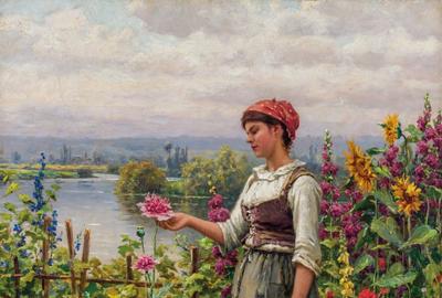 DANIEL RIDGWAY KNIGHT, American (1839-1924), Summer Afternoon, Seine Valley, oil on canvas, signed, 32 ¾ x 25 ¾ inches, Estimate $35,000-45,000