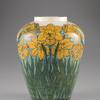 Vase, 1897.  Daffodil design.  Underglaze painting with glossy glaze.  Unknown decorator; Joseph Meyer, potter.  On loan to the Newcomb Art Gallery from Ruth Weinstein Lebovitz